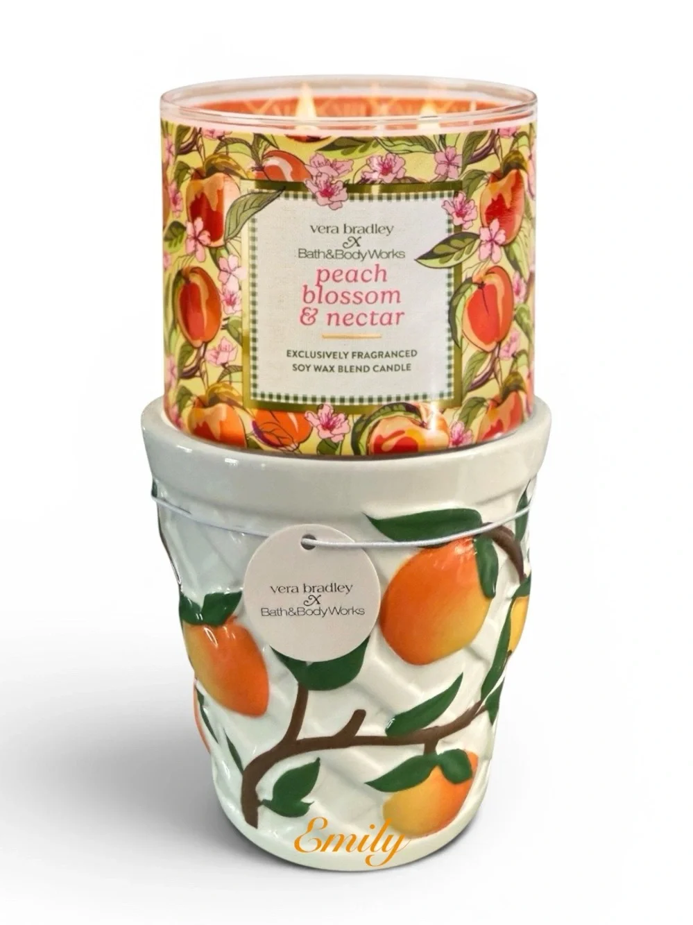 Vera Bradley Peach candle Pedestal & 3-Wick Candle Limited Edition Set